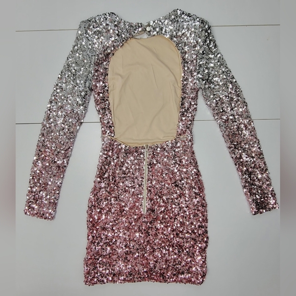Hello Molly Pink Silver Sequin Long Sleeve Open Back Zip Up Mini Dress XS New - Picture 3 of 13